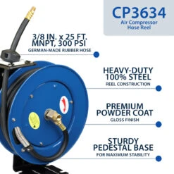 Cyclone Pneumatic 3/8” X 25’ 300 PSI Retractable Air Hose Reel W/ Rubber Hose -3D Prima Boutique CP3634 3