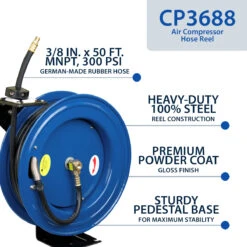 Cyclone Pneumatic CP3688 3/8” X 50’ Retractable Air Hose Reel W/ Rubber Hose -3D Prima Boutique CP3688 3
