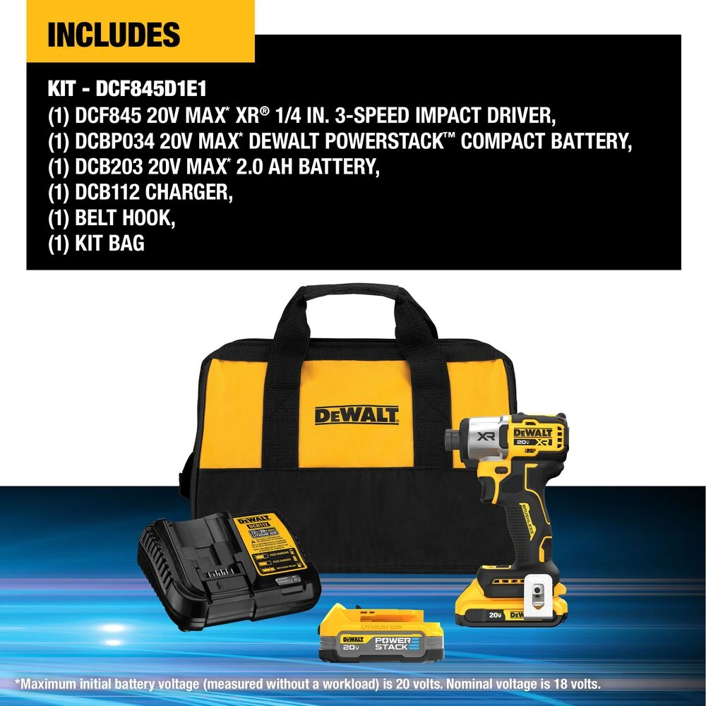 DeWALT DCF845D1E1 20V MAX XR 1/4" Impact Driver W/ POWERSTACK Kit 2 DeWALT DCF845D1E1 20V MAX XR 1/4" Impact Driver W/ POWERSTACK Kit – Image 2
